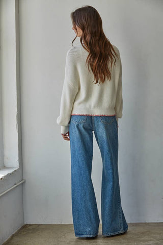 W2411 | Knit Sweater Crew American Flag Pullover: Off White / L