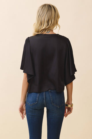 CT9707-Wide Notched Neck Draped Sleeves Top: Black / M