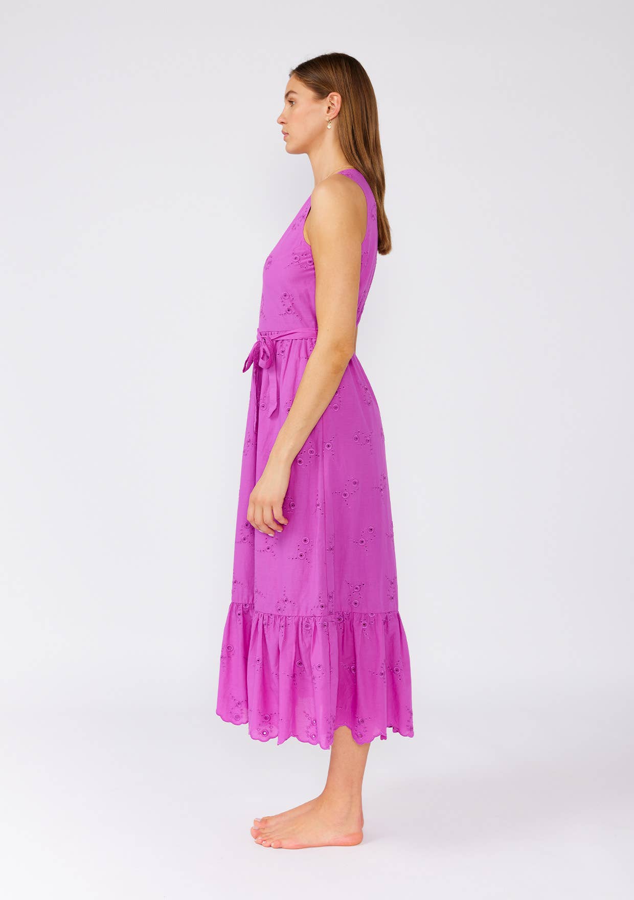 Cotton Embroidered Eyelet V Neck Belted Midi Dress: Orchid