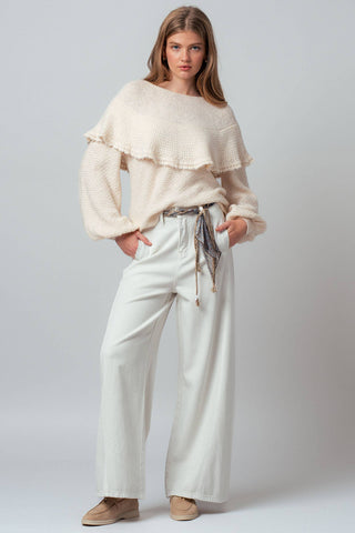 Ruffle Yoke Blouson Sleeve Knit Sweater: NATURAL / S-M-L:2-2-2