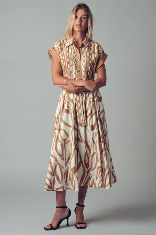 Abstract Print Button-Down Midi Dress: NAVY / S-2/M-2/L-2