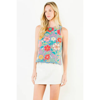 Sleeveless Denim Emb Top: LIGHT BLUE / XS-S-M-L(1-2-2-1)