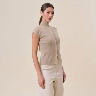 AT3135 Button mockneck short sleeve knit top: BLACK / M