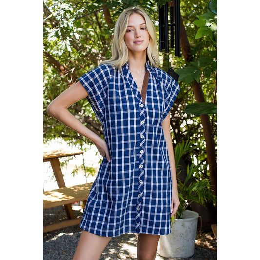 Plaid Button Front Short Sleeve Dress: NAVY / XS-S-M-L(1-2-2-1)