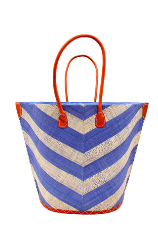 Santa Cruz Wide Stripe Chevron Large Straw Tote Bag: Denim Two Tone
