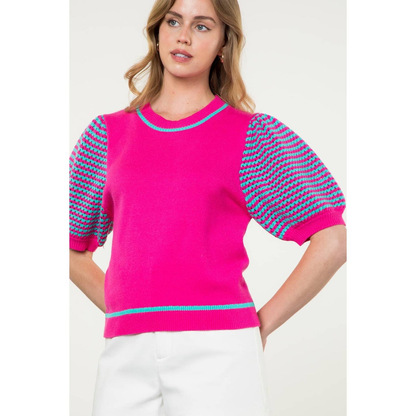 Knitted Puff Sleeve Top: MAGENTA