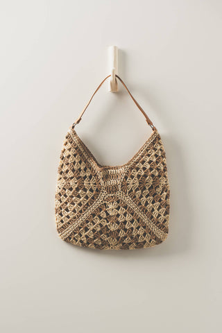 Diamond Pattern Crochet Hobo Bag with Leather Strap: TAUPE
