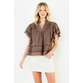 V Neck Fluttered Cut Out Top: OLIVE / XS-S-M-L(1-2-2-1)