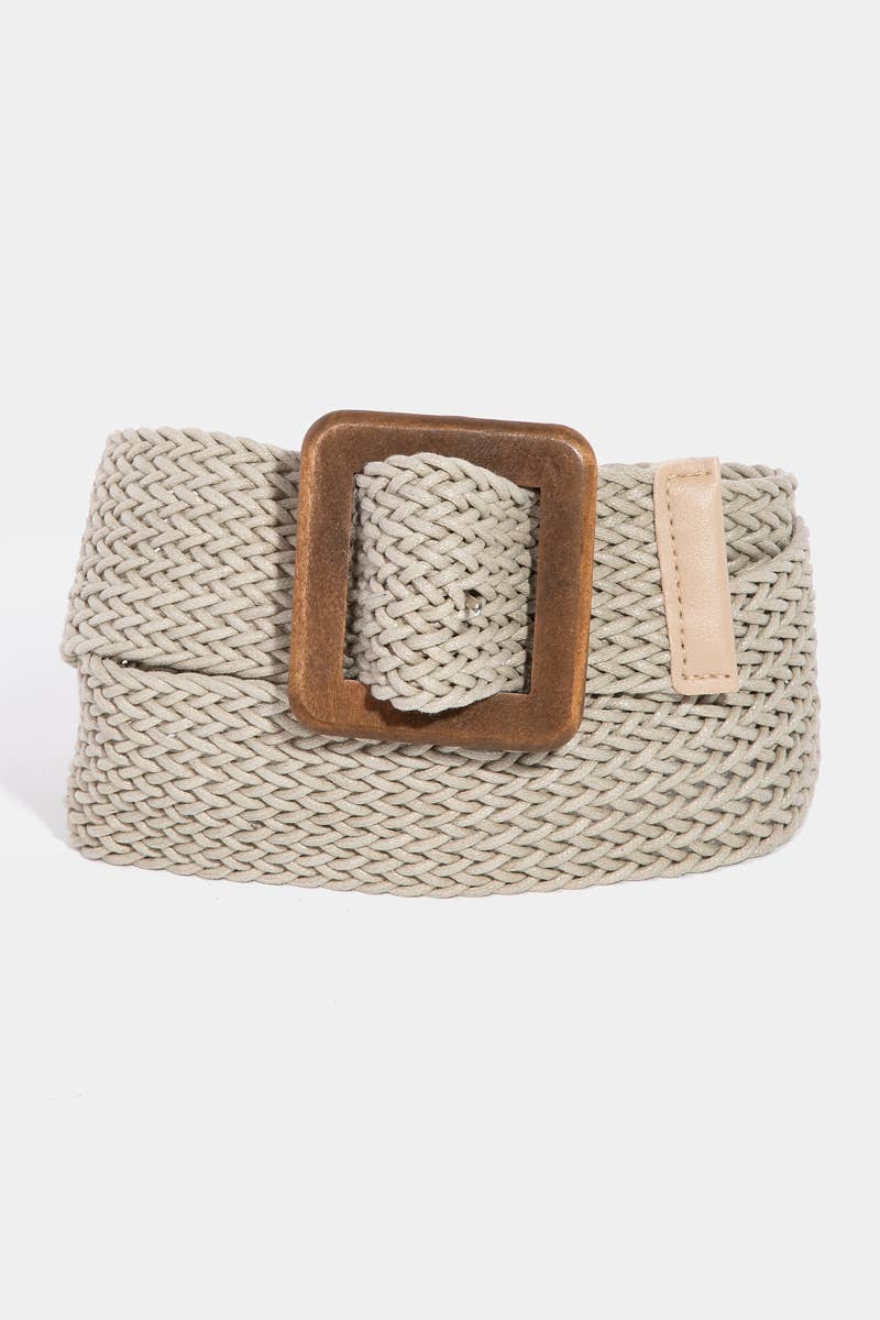 Wooden Square Buckle Braided Belt: Black