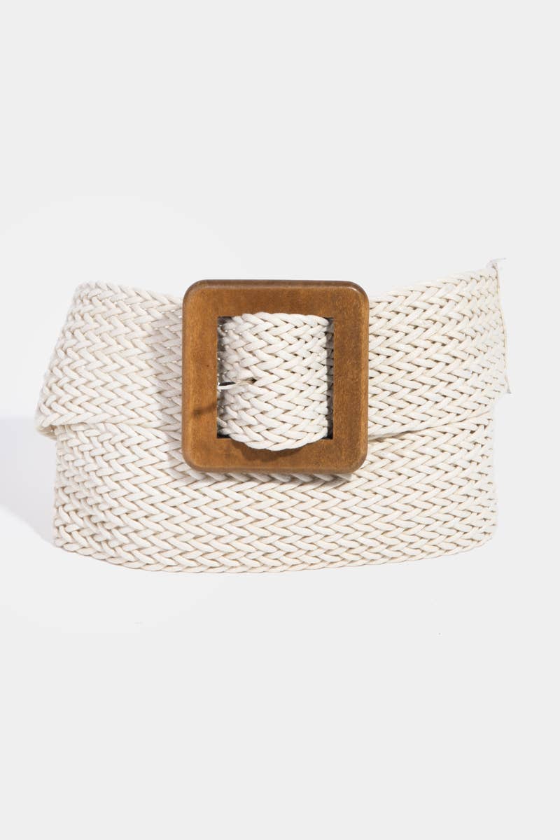 Wooden Square Buckle Braided Belt: Brown