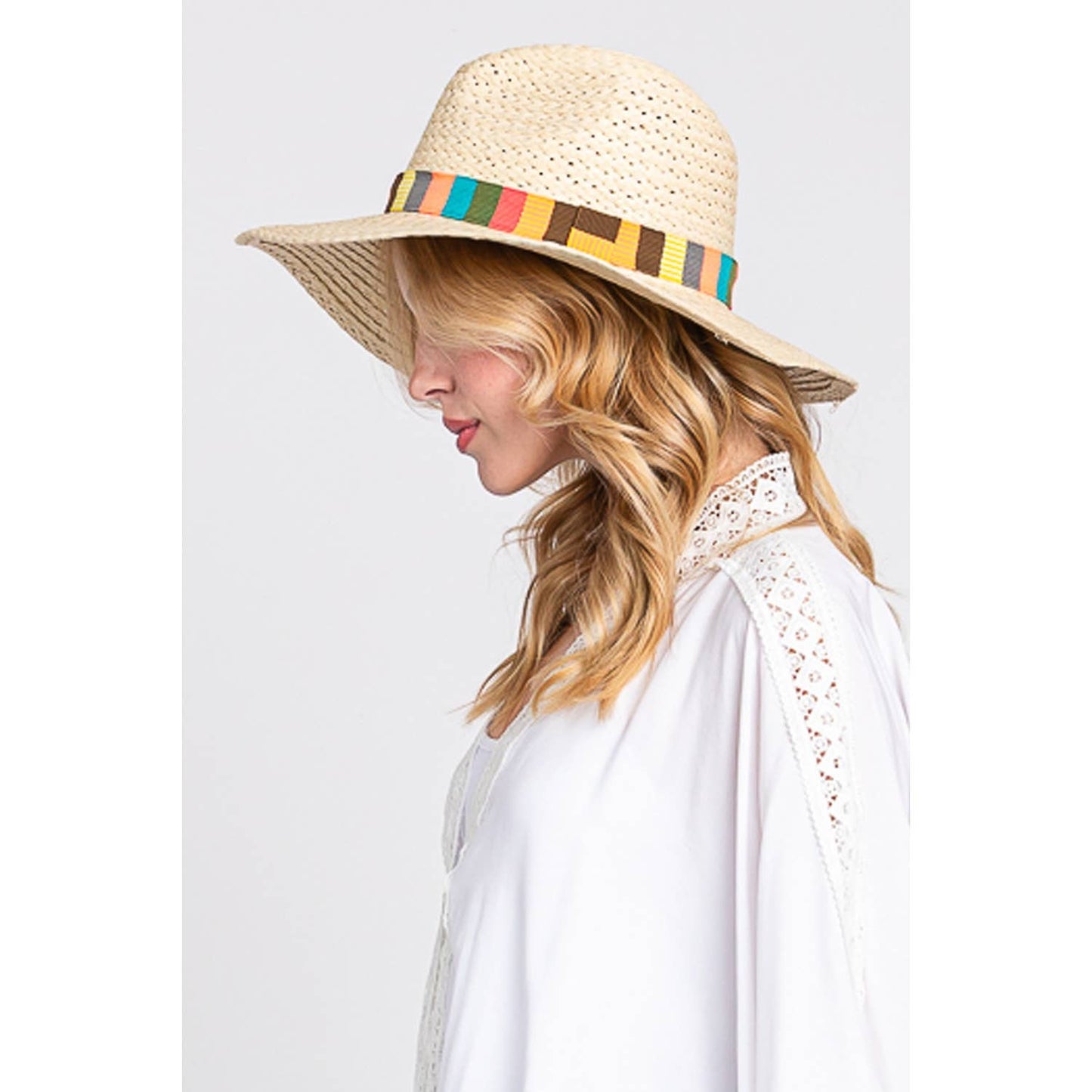 Multi Color Stripe Band Straw Hat: Black