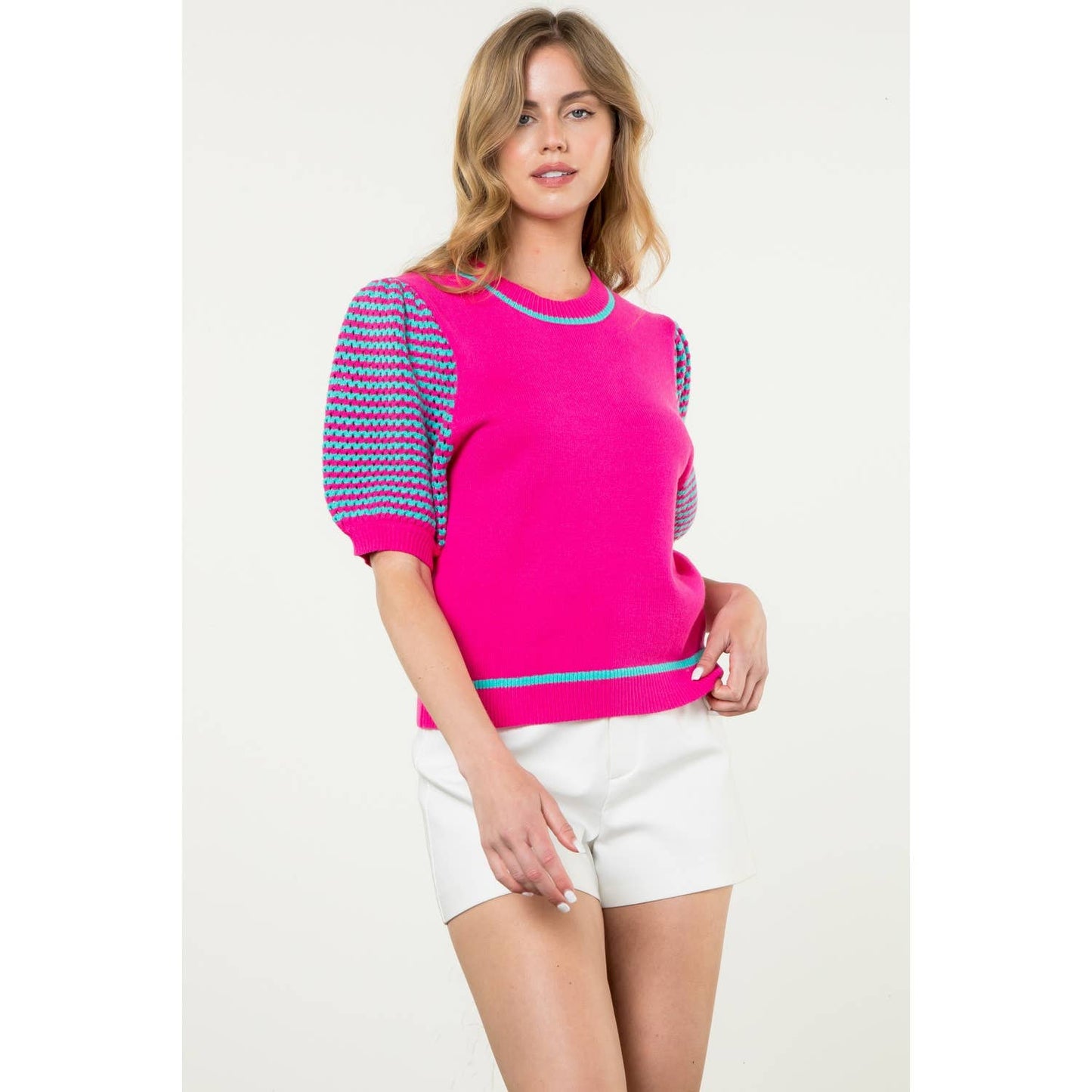 Knitted Puff Sleeve Top: MAGENTA