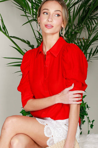 Collared Neckline Puff Short-Sleeve Blouse Top VT81707C: Taupe / M