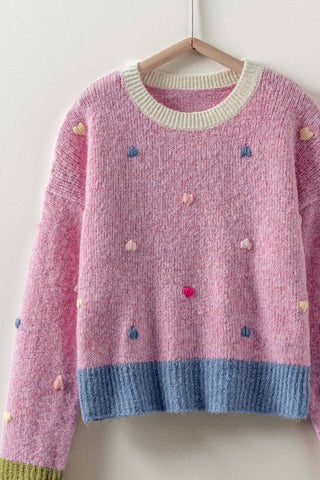 Embroidered Heart Colorblock Knit Sweater
