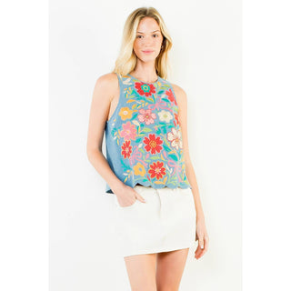 Sleeveless Denim Emb Top: LIGHT BLUE / XS-S-M-L(1-2-2-1)