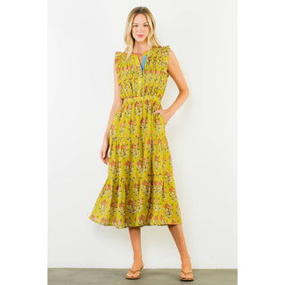 Floral Tiered Long Dress: GREEN / XS-S-M-L(1-2-2-1)