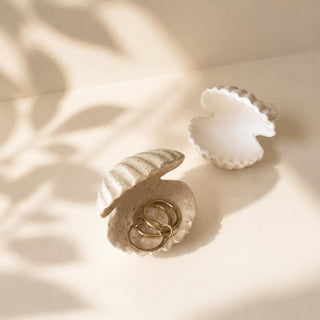 Handcrafted Sea Clam Shell Ring Box: Beige + Mother of Pearl Terrazzo