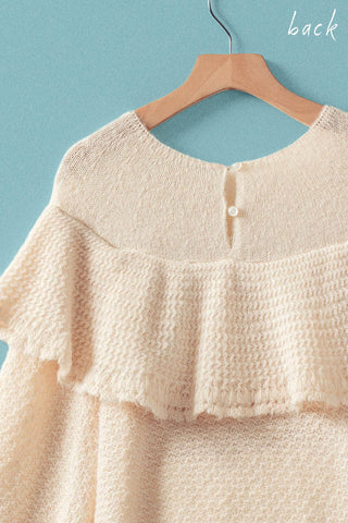 Ruffle Yoke Blouson Sleeve Knit Sweater: NATURAL / S-M-L:2-2-2