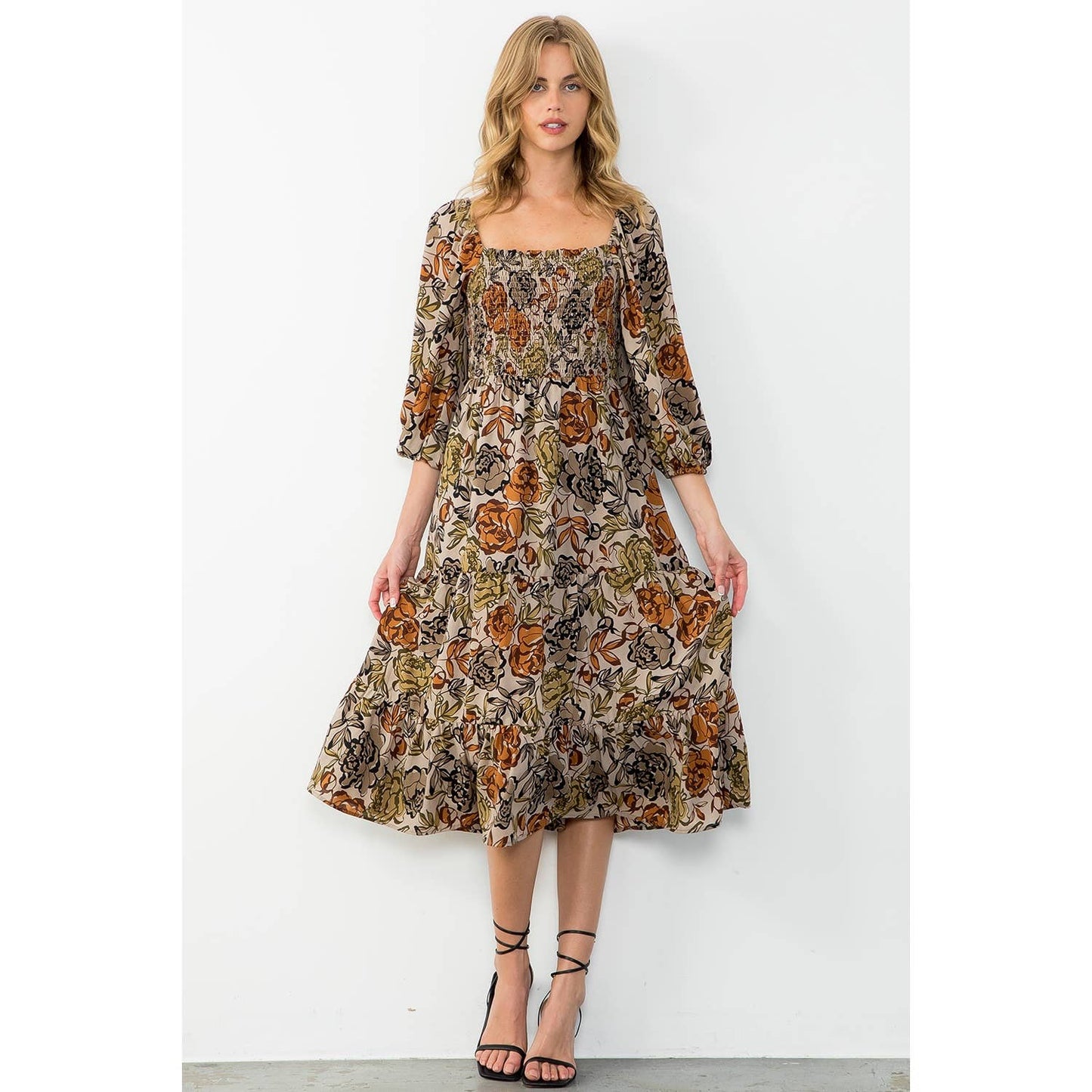 Balloon Sleeve Smocked Floral Print Maxi Dress: TAUPE / XS-S-M-L(1-2-2-1)