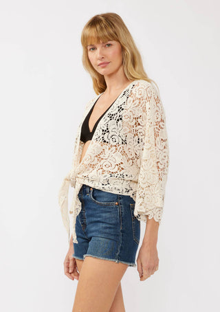Floral Tie-Front Crochet Kimono Cover Up