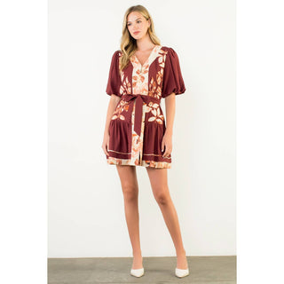 Puff Sleeve Button Up Dress: BURGUNDY / XS-S-M-L(1-2-2-1)