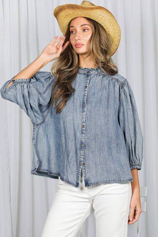 Ruffle Neck 100% Tencel Chambray Washed Denim Shirt VT83327: Washed Denim / S
