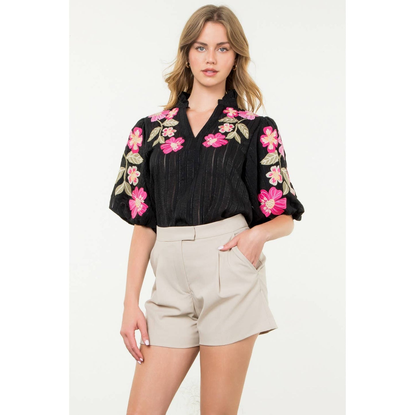 Embroidered Puff Sleeve Textured Top: BLACK
