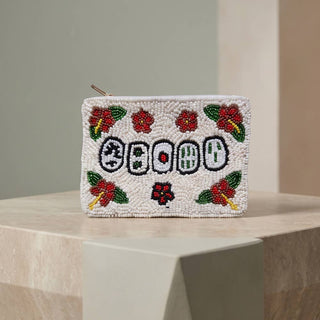Mahjong Tiles Hibiscus Beaded Coin Pouch: IVORY