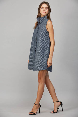 STAND COLLAR SLVL SHIFT DRESS FD35660: NAVY / S