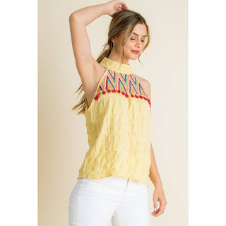 Embroidered Gingham Print Halter Top: YELLOW