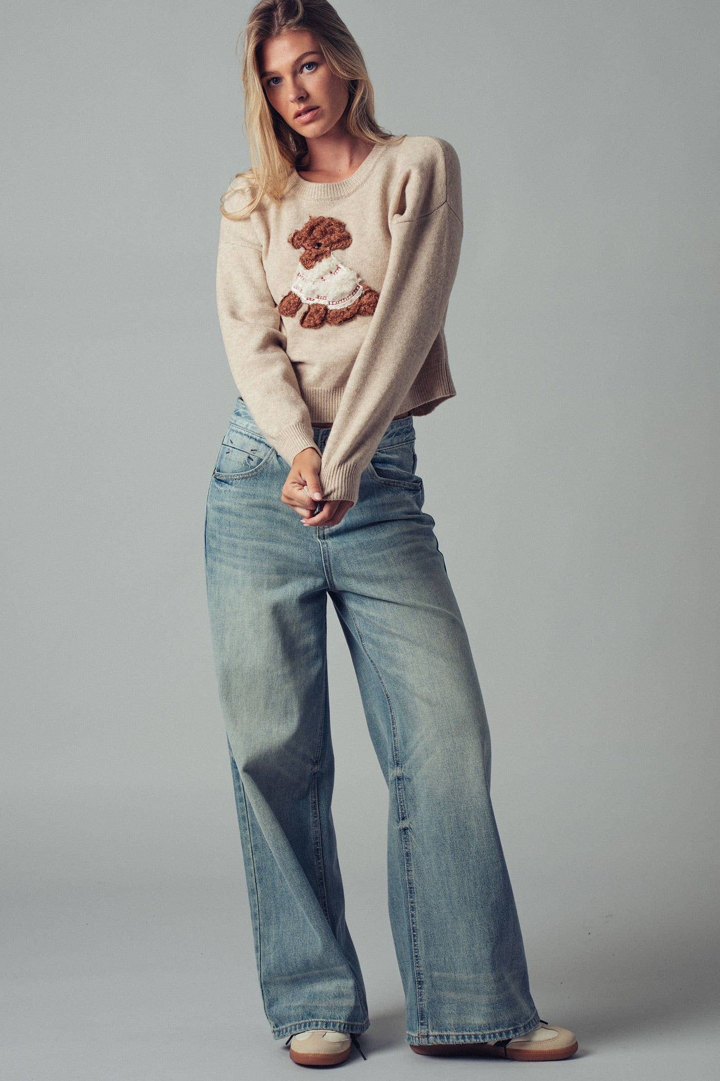 Whimsical Puppy Applique Knit Sweater: NAVY / S/M-3:M/L-3