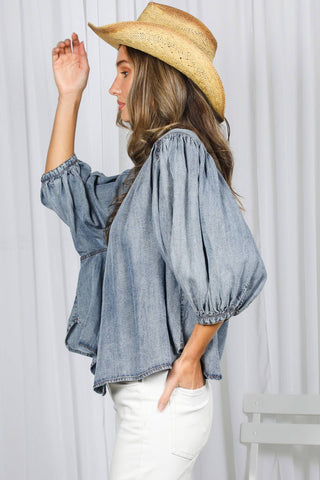 Ruffle Neck 100% Tencel Chambray Washed Denim Shirt VT83327: Washed Denim / L