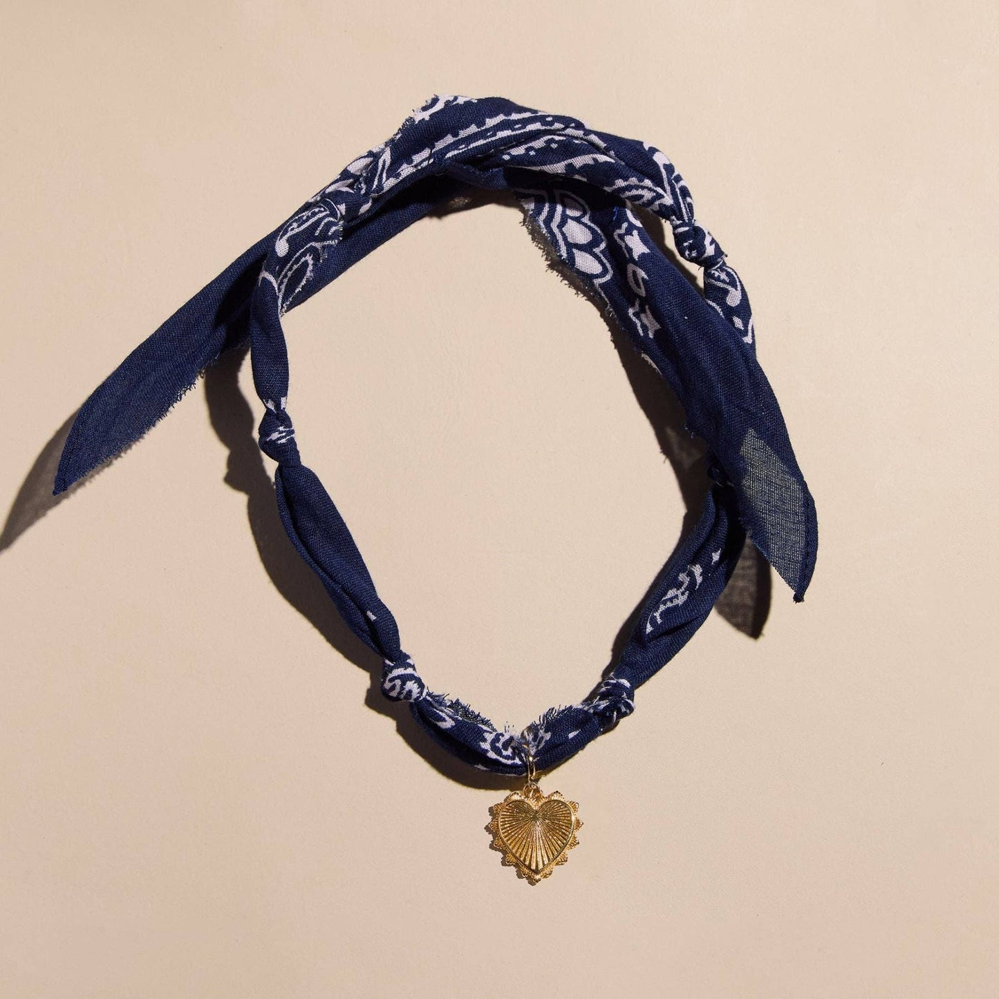 Navy Bandana Necklace: Clear Acrylic Heart Charm - Gold / Navy