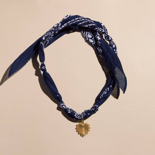 Navy Bandana Necklace: Silver Oversized Heart Charm / Navy