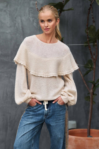 Ruffle Yoke Blouson Sleeve Knit Sweater: NATURAL / S-M-L:2-2-2