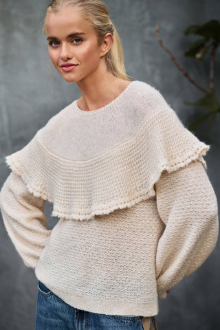 Ruffle Yoke Blouson Sleeve Knit Sweater: NATURAL / S-M-L:2-2-2
