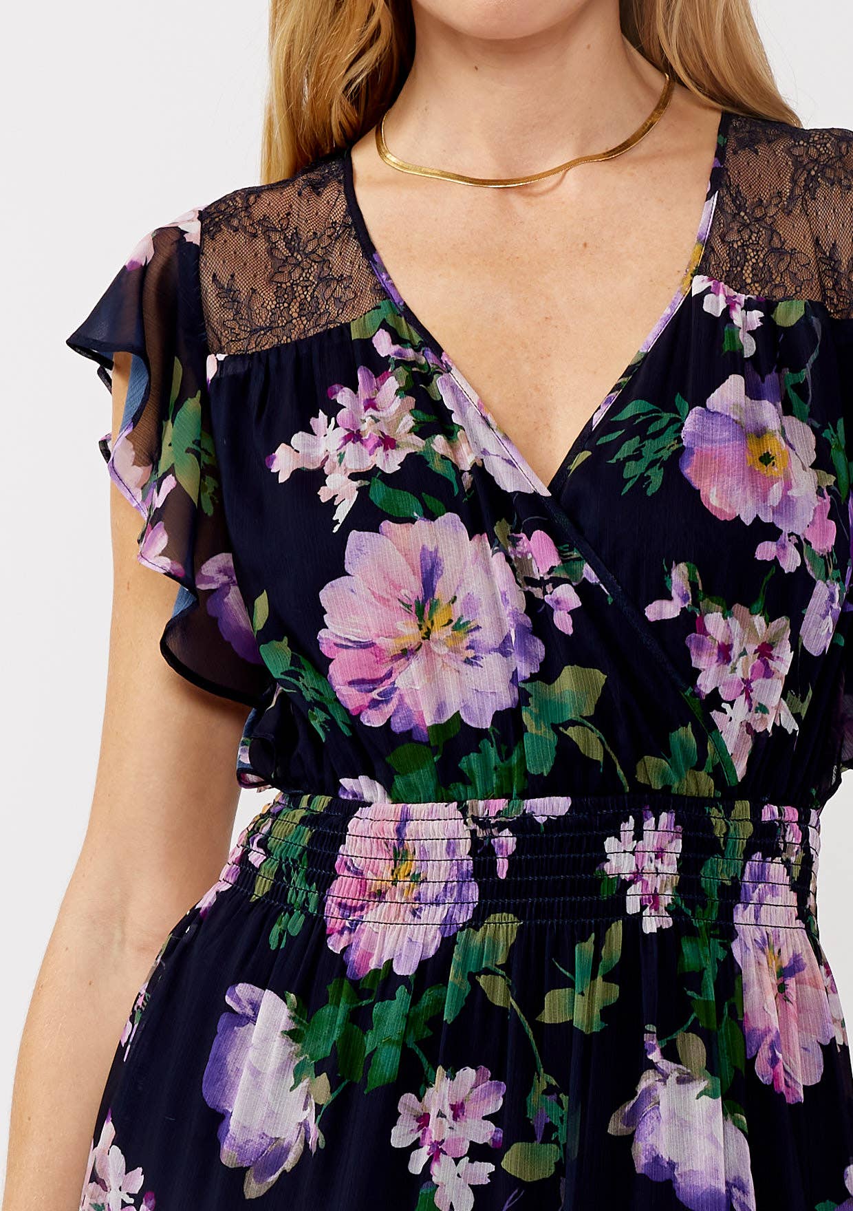 Floral Lace Flutter Sleeve Mini Dress: Navy/Lilac