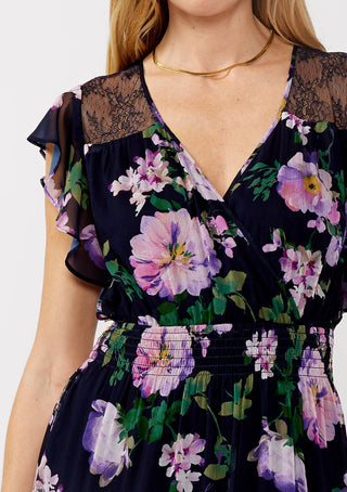 Floral Lace Flutter Sleeve Mini Dress: Navy/Lilac