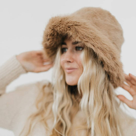 Faux Fur Flora Bucket Hat: Camel