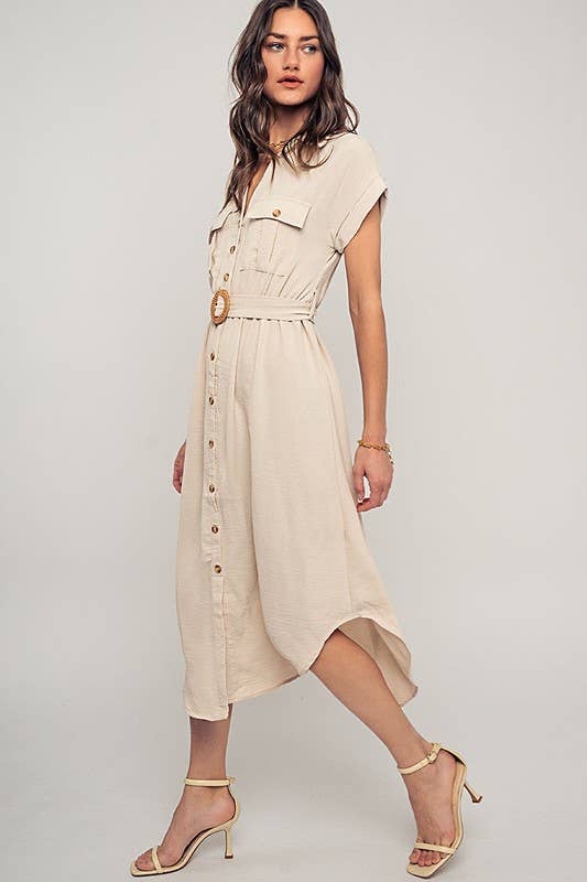 Stationary Icon Midi Shirt Dress: LT KHAKI / S-2/M-2/L-2