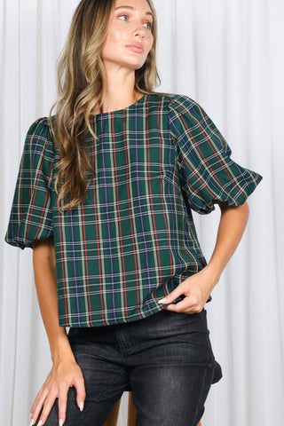 V-Back 2 Bow Accent Feminine Plaid Blouse Top VT82621A: Hunter Green / S