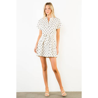 Short Sleeve Polka Dot Dress: BEIGE / XS-S-M-L(1-2-2-1)