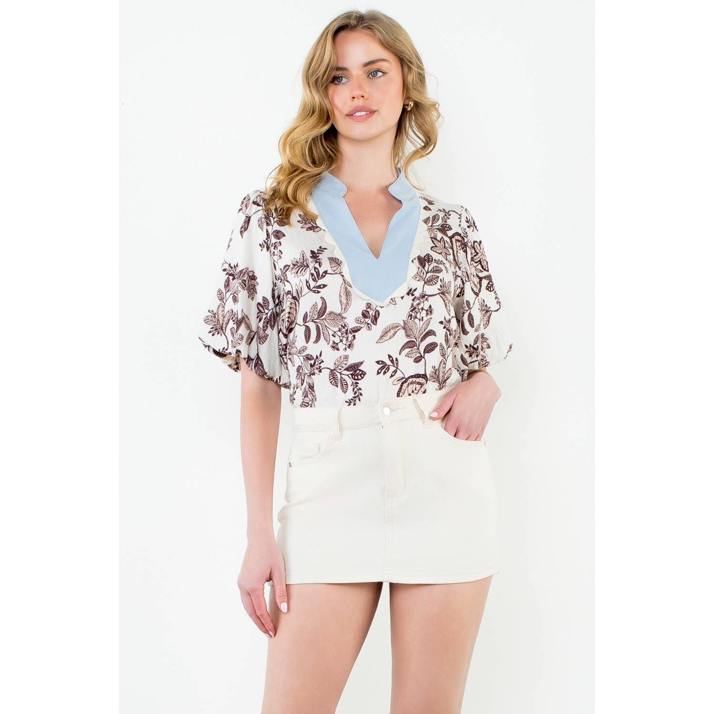 Puff Sleeve Floral Contrast Neck Blouse: CREAM