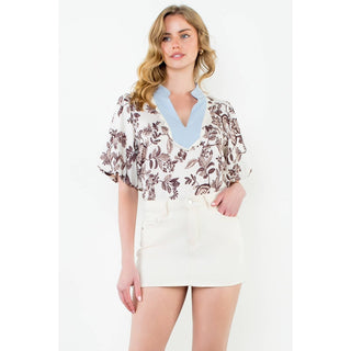 Puff Sleeve Floral Contrast Neck Blouse: CREAM