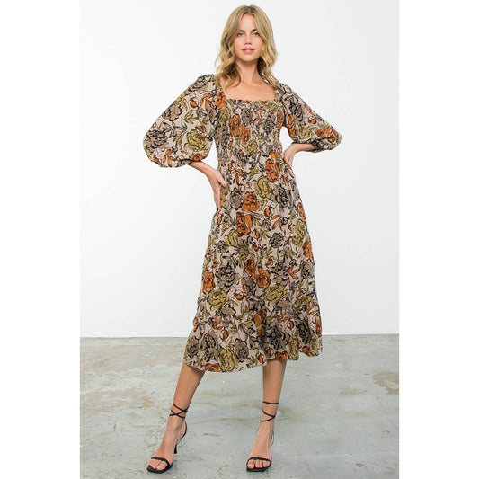 Balloon Sleeve Smocked Floral Print Maxi Dress: TAUPE / XS-S-M-L(1-2-2-1)