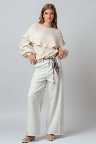 Ruffle Yoke Blouson Sleeve Knit Sweater: NATURAL / S-M-L:2-2-2