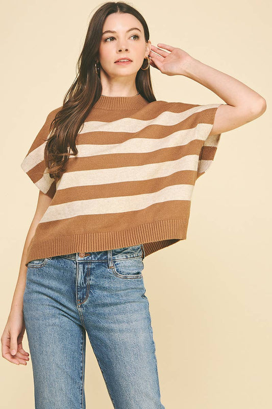 STRIPE SWEATER VEST - 4739WA: CAMEL/OATMEAL / L