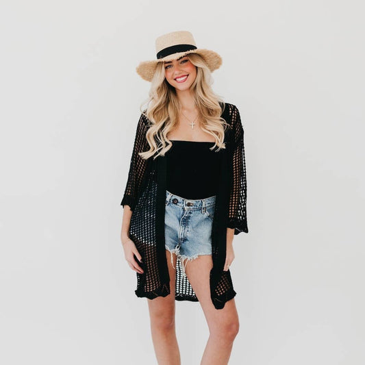 Coastal Views Crochet Tie Kimono: Black