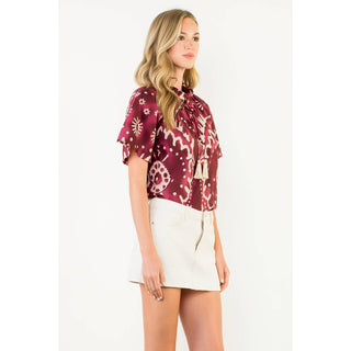 Short Sleeve Print Tie Tassel Top: PURPLE / XS-S-M-L(1-2-2-1)
