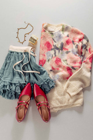 Oversized Floral Print Soft Knit Sweater: CREAM MULTI / SM-ML (3-3)